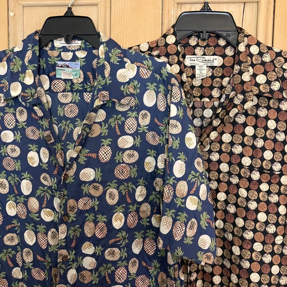 Reyn Spooner Mens Y2K 2 SET Pineapple Geo Hawaiian Shirt Size Large Blue SP EXC